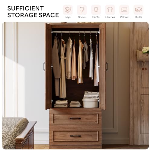 LIKIMIO Armoire Wardrobe Closet with 2 Doors and 2 Drawers 70" H x 28" W Wooden Bedroom Freestanding Wardrobe Combination for Hanging Clothes, Walnut LIKIMIO