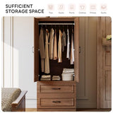LIKIMIO Armoire Wardrobe Closet with 2 Doors and 2 Drawers 70" H x 28" W Wooden Bedroom Freestanding Wardrobe Combination for Hanging Clothes, Walnut LIKIMIO