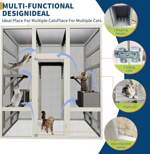 70" Large Outdoor Catio Cat Enclosure, Wood Cat Patio with Waterproof UV-Resistant Roof, Cats Shelter with 5 Platforms and 2 Resting Box, and Secure Rust-Proof Wire for Backyard or Patio IDEALHOUSE