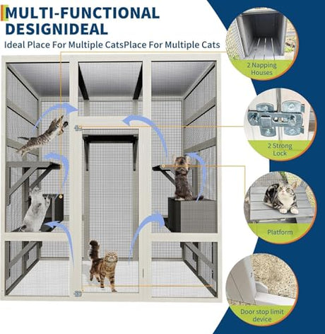 70" Large Outdoor Catio Cat Enclosure, Wood Cat Patio with Waterproof UV-Resistant Roof, Cats Shelter with 5 Platforms and 2 Resting Box, and Secure Rust-Proof Wire for Backyard or Patio IDEALHOUSE