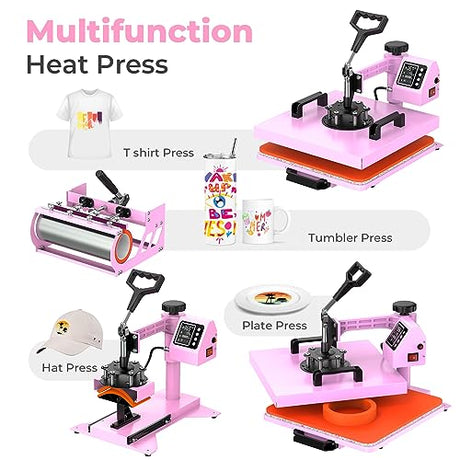 Pro 15x15 Heat Press with 30 OZ Tumbler Attachment, 8in1 Combo Tumbler Heat Press for T-Shirts, Tumblers Glass Cans Mugs Hats, and Plates (Pink) EnjoyColor