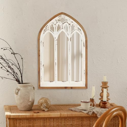 Synovana Arch Window Wall Mirror - Farmhouse Cathedral Wall Decor with Wooden Frame for Entryway Hallway Living Room - 16.14" x 1.38" x 25.2" Synovana