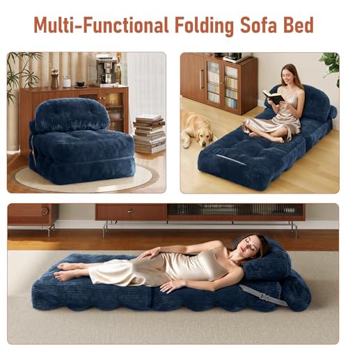 Vellorise Folding Sofa Bed, Convertible Sleeper Chair with Back Support and Pillow Futon,Boneless Foldable Couch for Living Room/Guest Use/Home Office, Foldable Chair Bed for Adults, Navy Blue Vellorise