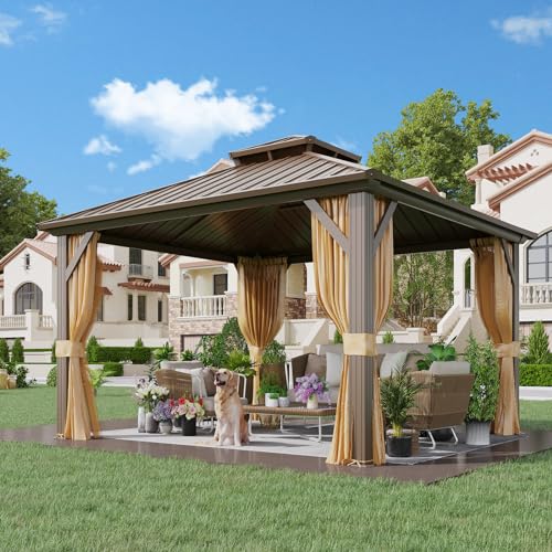 YOLENY 10' x 10' Hardtop Gazebo, Metal Gazebo with Aluminum Frame, Double Galvanized Steel Roof, Curtains and Netting Included, Pergolas for Patios, Garden, Parties, Lawns - WoodArtSupply