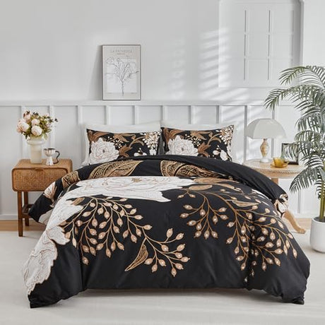 mixinni Black Floral Duvet Cover Twin XL Size, 3 Pieces Garden Style Botanical Flowers Leaves Bedding Set, Soft Cotton Reversible Farmhouse Boho Duvet Cover and 2 Pillowcases for All Season mixinni