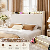 Jocoevol Upholstered Full LED Bed Frame with Hidden Storage Headboard and Charging Station, Corduroy Platform Bed with Wingback, Heavy Duty Wood Slats, No Box Spring Needed, Noise-Free, Beige Jocoevol