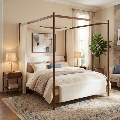 Christopher Knight Home Rotie King Size Canopy Bed Frame, Boucle Upholstered King Size Bed Frame with Headboard, King Platform Canopy Bed, Wooden Slats Support, No Box Spring Needed, White+Brown