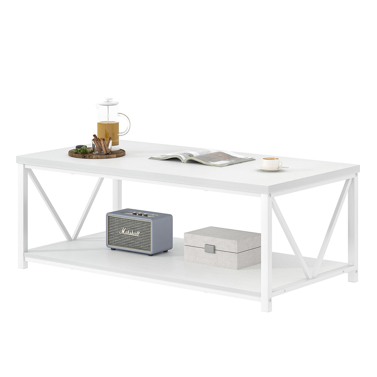 EXCEFUR White Coffee Table with Storage Shelf, Modern Rustic Wood and Metal Center Table for Living Room, 47 Inch EXCEFUR