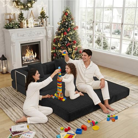 BSHOMGI 4 in 1 Futon Sofa Bed Queen Size - Foldable Convertible Sleeper Couch,Teddy Foam-Filled Compressed Couch Removable Corduroy Cover, Space Saving Sofas for Bedroom & Dorm (Black, 59” 2 Seat) BSHOMGI