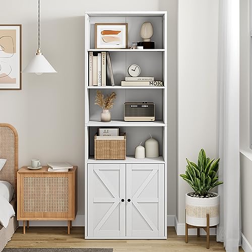White Industrial Bookcase with Doors - 71.4in Tall Farmhouse Wooden Bookshelves by IDEALHOUSE IDEALHOUSE