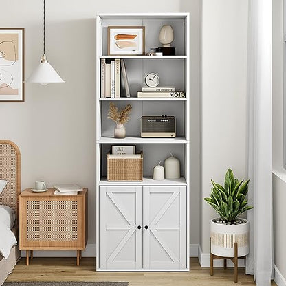 White Industrial Bookcase with Doors - 71.4in Tall Farmhouse Wooden Bookshelves by IDEALHOUSE