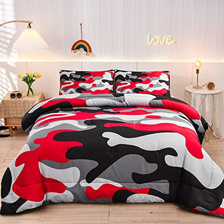 Meeting Story Camouflage Bedding Set, Colorful Pattern Style Twin Comforter Set, 3 PCS One Comforter and Two Pillowcases in One Bag, All Season Bedspread for Kids Teens Adults (Black, Twin) Meeting Story
