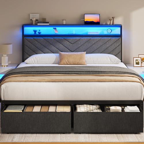 Fluest Queen Bed Frame with 2 Drawers, Upholstered Headboard with Storage and Charging Station, LED Lights, Fabric Drawers with Wheels, Under Bed Storage, No Box Spring Needed, Easy Assembly, Grey Fluest
