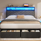 Fluest Queen Bed Frame with 2 Drawers, Upholstered Headboard with Storage and Charging Station, LED Lights, Fabric Drawers with Wheels, Under Bed Storage, No Box Spring Needed, Easy Assembly, Grey Fluest