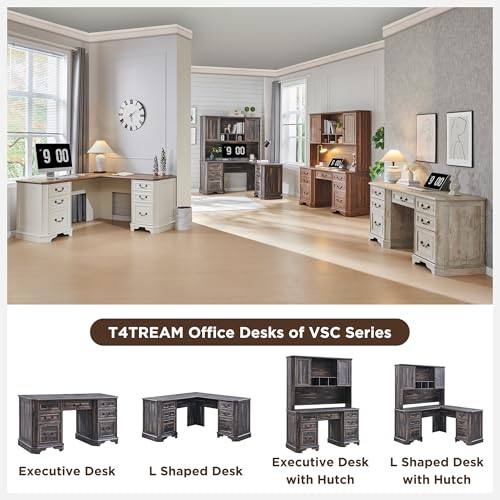 T4TREAM 59" Farmhouse Executive Desk with Hutch,Wood Home Office Computer Desk, Featuring Keyboard Tray,Charging Station,File Drawer, Storage Cabinet,for Work and Study (Dark Rustic Oak) T4TREAM