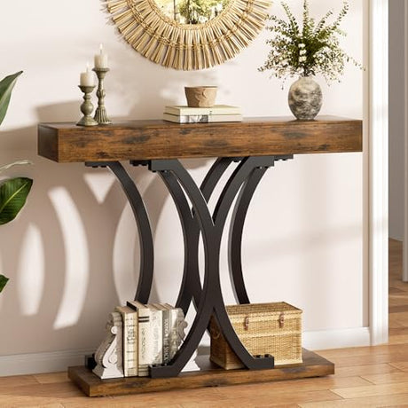 JUSTOGO 43.3" Console Table for Entryway, Industrial Sofa Table Entryway Table, Narrow Wood Accent Tables X-Shaped Metal Hallway Table for Living Room, Small Spaces, Entrance, Foyer, Rustic Brown JUSTOGO