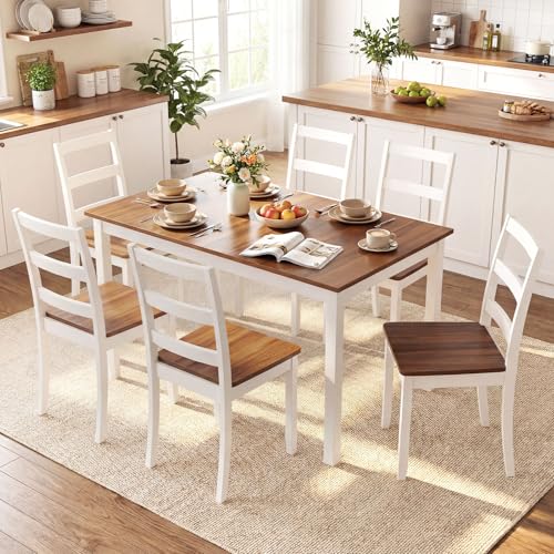 Giantex 7-Piece Dining Table Set for 6, Rectangular 60-inches Kitchen Table and 6 Dining Chairs with Rubber Wood Legs, Protective Foot Pads, Farmhouse Dinette Set for Dining Room, Restaurant (Brown) Giantex
