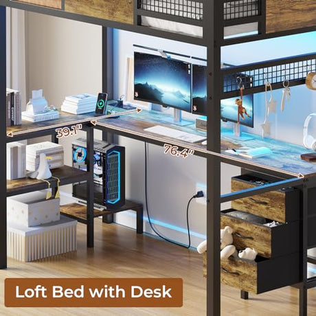 BTHFST Twin Loft Bed with L-Shaped Desk, LED Lights & Charging Station, 3 Fabric Drawers, Safety Guard & Ladder BTHFST