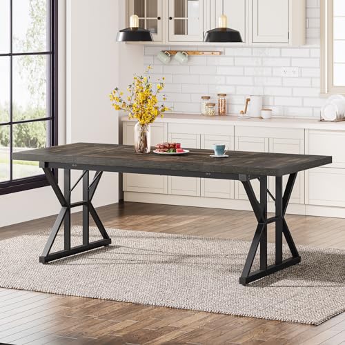 Tribesigns Farmhouse Dining Table for 6 People, 70.8-Inch Rectangular Wood Dining Table, Rustic Kitchen Table with Heavy Duty Metal Legs for Dining Room (Black, 70.8 Inch) Tribesigns