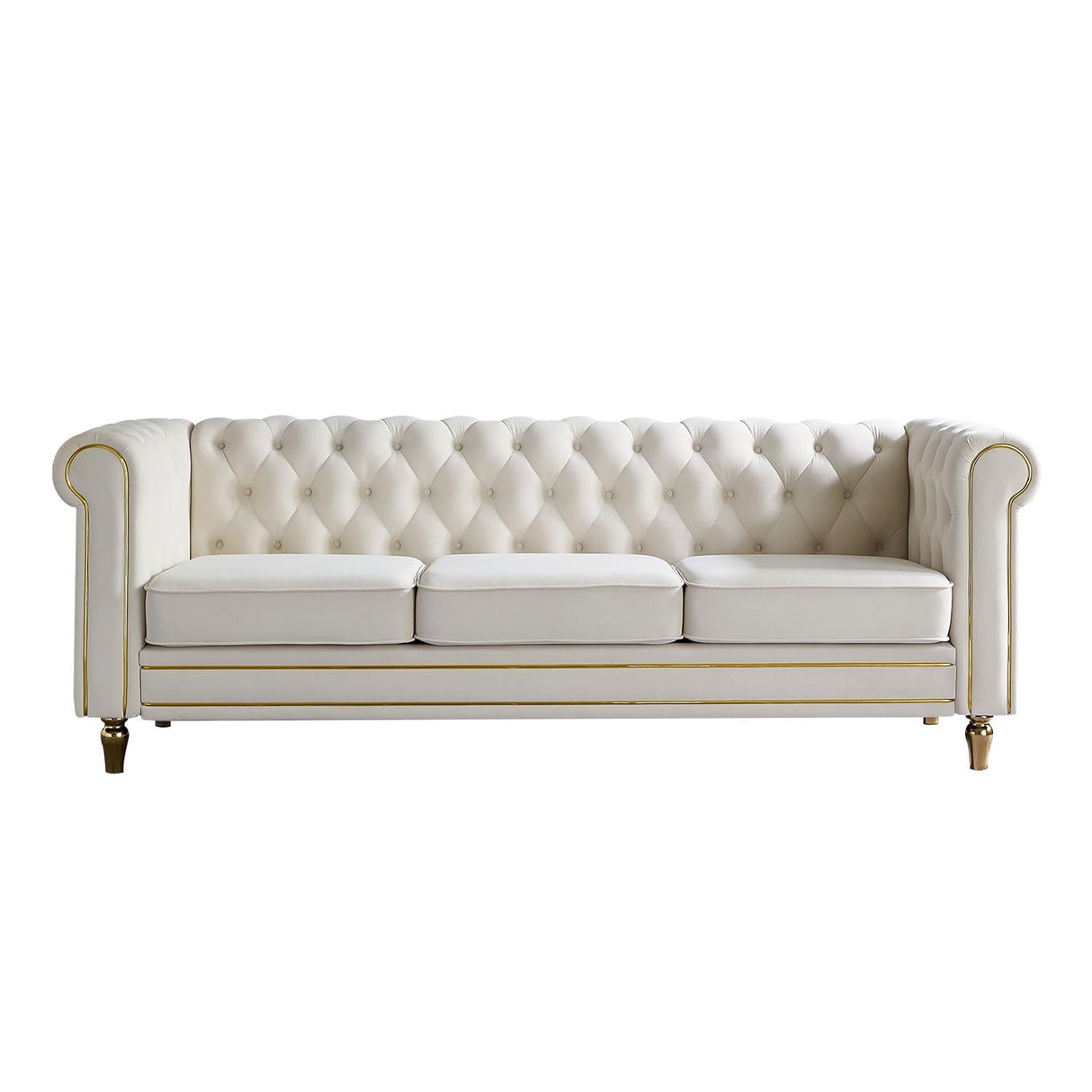 KEIKI 85" Chesterfield Velvet Tufted Button Sofa with Deep Seat Cushions and Rolled Arms, Modern Style 3-Seater Couch Decorated with Gold Strip, Easy Assembly, for Living Room, Bedroom, Office, Beige KEIKI