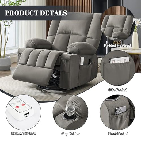 Reedvales Oversized Recliner Chairs for Adults, 270° Swivel Rocker Recliner with Heat and Massage Lazy Boy Recliner, Recliner Chairs Single Sofa Seat with Cup Holders (Grey, Electric) Reedvales