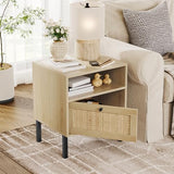 Boho Rattan Nightstands Set of 2 with Metal Legs and Open Shelf, Natural Wood Finish Angel Sar