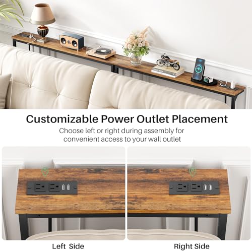 Kitstorack Narrow Console Table Behind Sofa Couch, Design with Adjustable Height (25"-33") & Power Outlets, Small Entryway Table - 5.9" D x39.4 L, Rustic Brown Kitstorack