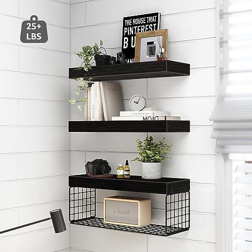 QEEIG Black Bathroom Shelves Over Toilet Wall Mounted Floating Shelves Farmhouse Shelf Toilet Paper Holder Small 16 inch Set of 3 (019-B3) QEEIG