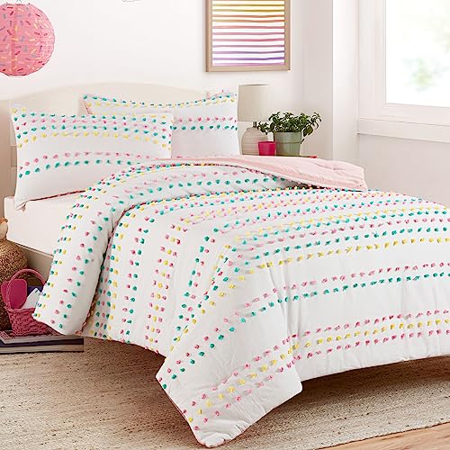 HOMBYS Tufted Pom Poms Bedding Comforter Set for Girls, 3 Piece White Boho Jacquard Kids Comforter Set for All Season，Twin/Twin XL Size HOMBYS