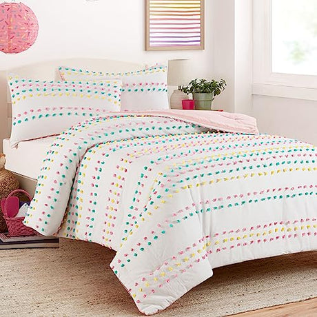 HOMBYS Tufted Pom Poms Bedding Comforter Set for Girls, 3 Piece White Boho Jacquard Kids Comforter Set for All Season，Twin/Twin XL Size HOMBYS
