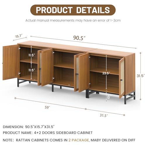 ZLWJGY Rattan Buffet Cabinet with Storage, 90.5" Large Sideboard Accent Cabinets with 6 Doors, Mid Century Modern Console Table Cabinet for Kitchen, Living Room and Dining Room, Walnut ZLWJGY