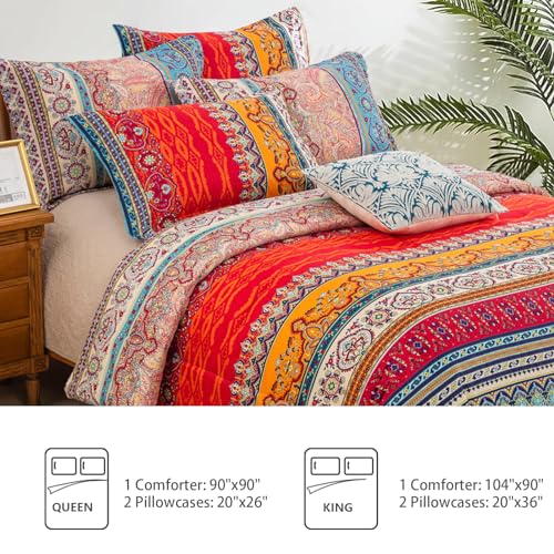 Goodidea Striped Bohemian Comforter Set King Size 3 Pieces Boho Hippie Geometric Bedding Set Soft Breathable Reversible Microfiber Boho Comforter with 2 Pillowcases(20"x36") Goodidea