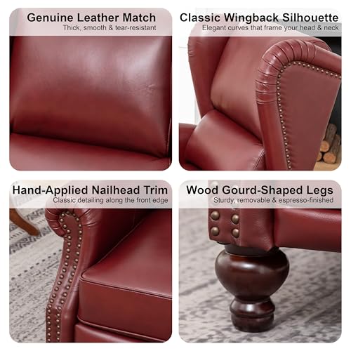 SHINE FURNISHING Genuine Leather Recliner Chair with Nailhead Trim, Mid Century Modern Push Back Recliner with Thick Cushioned Seat, Single Sofa & Accent Chair for Living Room (Burgundy)