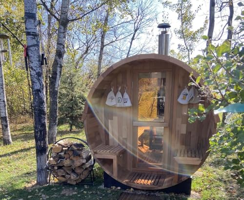 AURGOD Outdoor Barrel Canadian Hemlock Sauna with Porch, Wood Burning Stove Sauna with Large Glass Windows for 4 Person, Scenic Porch, Wood Fire Sauna, Luxurious Texture AURGOD