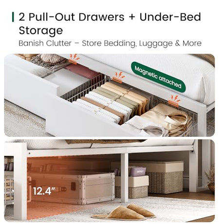 LARMACE King Size Bed Frame with Charging Station and LED Lights Wooden Platform Bed Frame with Storage Drawers and Ergonomic Headboard,2-Tier Hidden Storage,No Box Spring Needed,Easy Assembly,White LARMACE