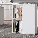 WOODTIME U-Shaped Electric Standing Desk with Drawer, Doors & Open Shelves, Height Adjustable Home Office Computer Stand up Desk with Storage, White WOODTIME