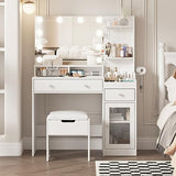 Vabches Vanity with Mirror and Lights, Makeup Vanity Table with Charging Station, Cute Vanity Set with Comfortable Bench, Big Vanity with 3 Storage Compartments, 39.8inch, White Vabches