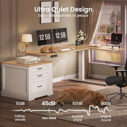 SEDETA Farmhouse L Shaped Electric Standing Desk, 70.9" x 39.4" Height Adjustable Office Executive Desk with 3 Drawers, Standing Computer Desks with Power Outlet for Home Office, Oak SEDETA