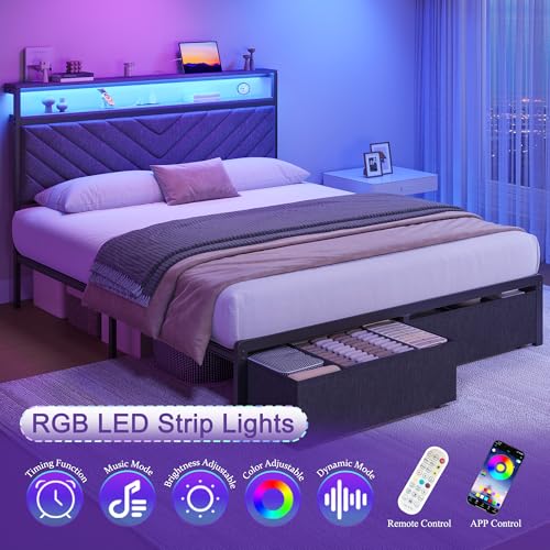 Fluest Queen Bed Frame with 2 Drawers, Upholstered Headboard with Storage and Charging Station, LED Lights, Fabric Drawers with Wheels, Under Bed Storage, No Box Spring Needed, Easy Assembly, Grey Fluest