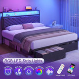 Fluest Queen Bed Frame with 2 Drawers, Upholstered Headboard with Storage and Charging Station, LED Lights, Fabric Drawers with Wheels, Under Bed Storage, No Box Spring Needed, Easy Assembly, Grey Fluest