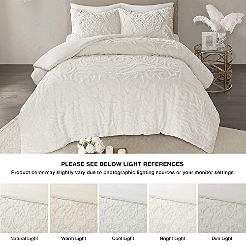 Madison Park Laetitia 100% Cotton Duvet Set-Chenille Tufted Medallion Design All Season Cozy Bedding Shabby Chic Comforter Cover, Matching Shams, Full/Queen (90 in x 90 in), Floral Off White Madison Park