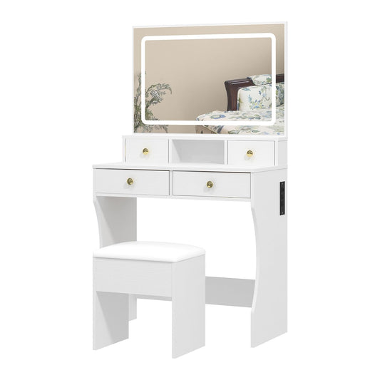 Vanity Desk Set with Adjustable LED Lighted Mirror, Girls Makeup Dressing Table with Stool and 4 Drawers Storage Makeup Table with Power Outlet for Bedroom (White) - WoodArtSupply