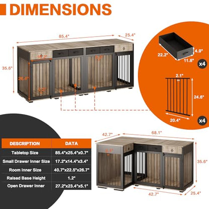 68" Dog Crate Furniture for 2 Dogs,Indoor L-Shaped Corner Wooden Furniture Style Combined Dog Crate Kennel with Fabric Drawers&Removable Divider for Small to Medium Dogs,Can Use Separately