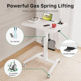 Gibbon Mounts Mobile Standing Desk, Height Adjustable Rolling Laptop Desk, 27 inches Portable Sit Stand Desk with Wheels and Hook, Pneumatic Computer Table, White Gibbon Mounts