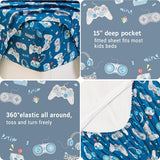 Softan Kids Bed Sheet Set, 4-Piece Full Size Sheets, Microfiber Fitted Sheet with 15 Inches Deep Pocket and Corner Straps, Breathable & Silky Soft Game Controller Printed Sheet and Pillowcase Sets Softan