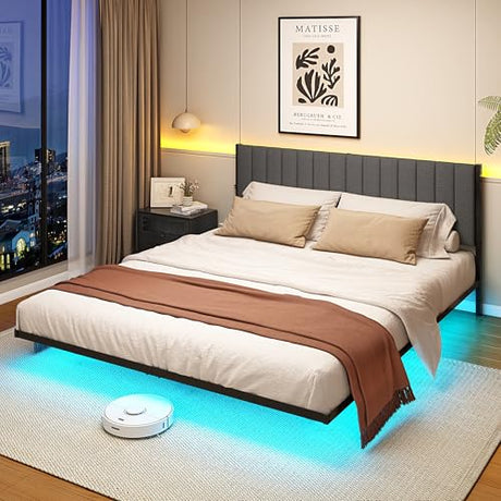 ARFARLY King Size Bed Frame with LED Lights and Charging Station, Floating Bed Frame with Upholstered Headboard, Metal Platform Bed Frame King with Under Bed Storage, No Box Spring Needed/Grey ARFARLY