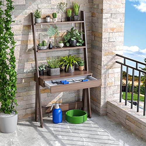 Tangkula Walnut Ladder Desk with 2-Tier Bookshelf and Drawer for Modern Storage Solutions Tangkula