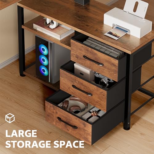Homiflex 47 Inch L Shaped Standing Desk with 3 Drawers Electric Standing Desk with Storage Computer Desk Adjustable Height with Power Outlets 4 Memory Presets for Home Office, Rustic Brown Homiflex