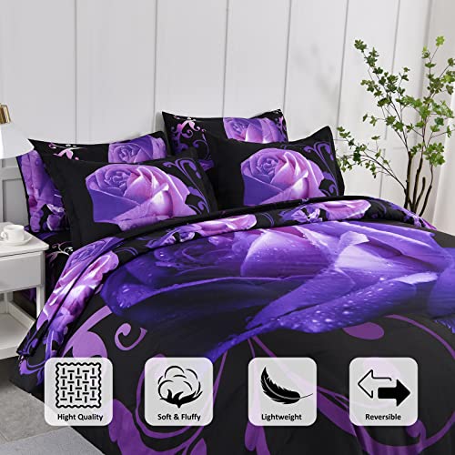 Xruibed Floral Comforter Set Full 7 Piece Bed in a Bag Purple Rose Flower Comforter with Sheet Set Soft Micorfiber Bedding Set (1 Comforter,2 Pillow Shams,1 Flat Sheet,1 Fitted Sheet,2 Pillowcases) Xruibed