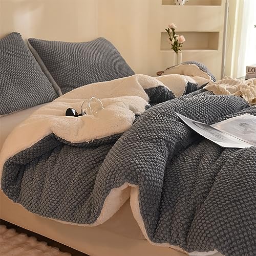 LLanCL 3D Jacquard Design Comforter Set, Ultra-Soft Warm Queen Size Sherpa Fur Plush 3-Pieces Sets Luxury Cozy Bedding with 2 Pillowcases (90"x90", Grey) LLanCL